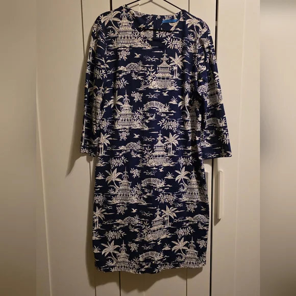 J. McLaughlin Sophia Dress Tongsai Palms Print 3/4 Sleeve Navy/White XL NWOT - Picture 3 of 9